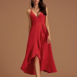 JJ's House A-Line V-neck Asymmetrical Stretch Crepe Dress With Cascading Ruffles